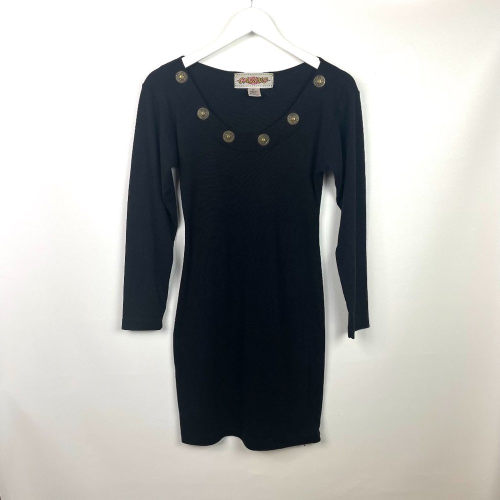 Vintage 80s Womens Black Bodycon Long Sleeve Dress